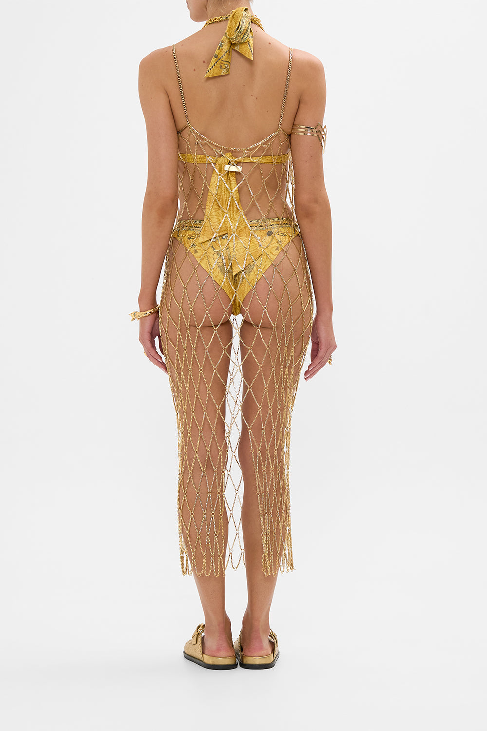 CAMILLA Gold Square Neck Midi Dress in Valley of the Kings Print