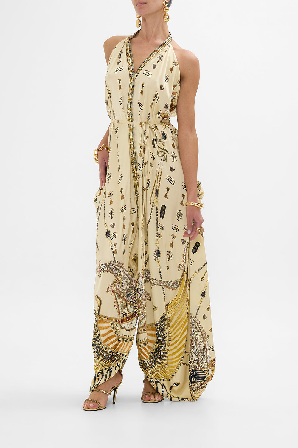 CAMILLA Gold Jumpsuit with Drop Crotch in Gateway to the Afterlife Print