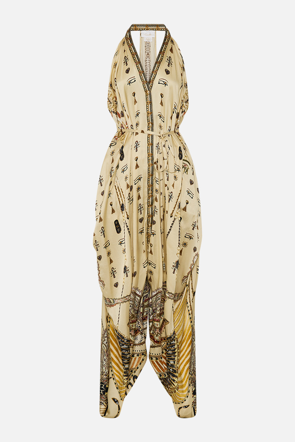 CAMILLA Gold Jumpsuit with Drop Crotch in Gateway to the Afterlife Print