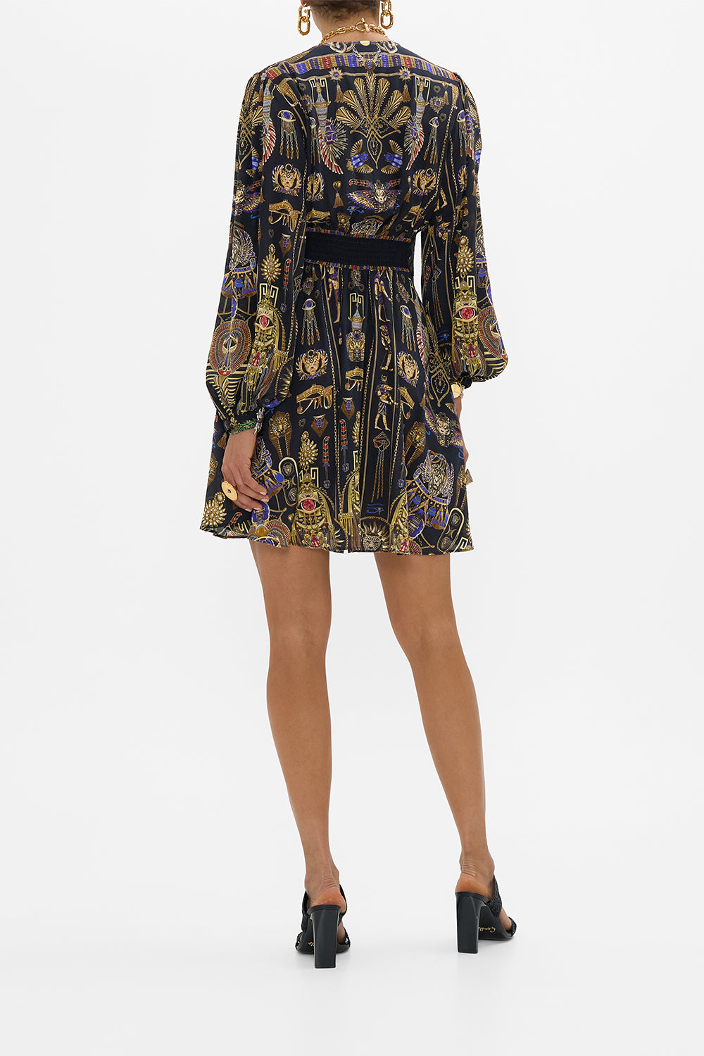 CAMILLA Curved Waisted Short Dress in Cartouche Kingdom print.