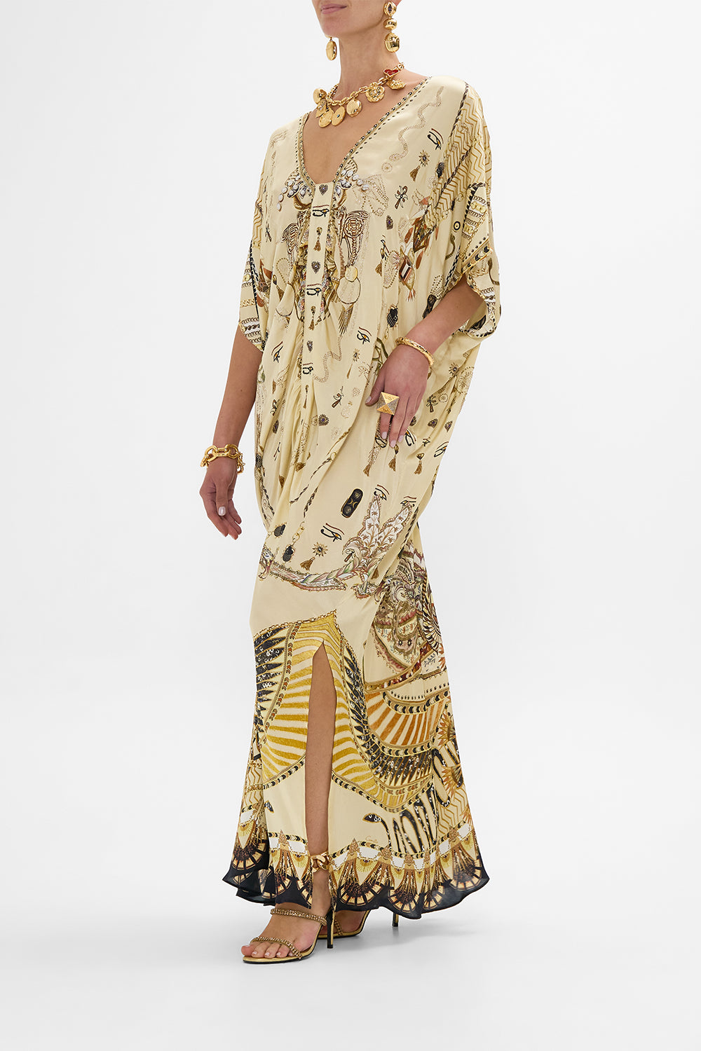 CAMILLA Gold Kaftan with Front Tab Detail in Gateway to the Afterlife Print