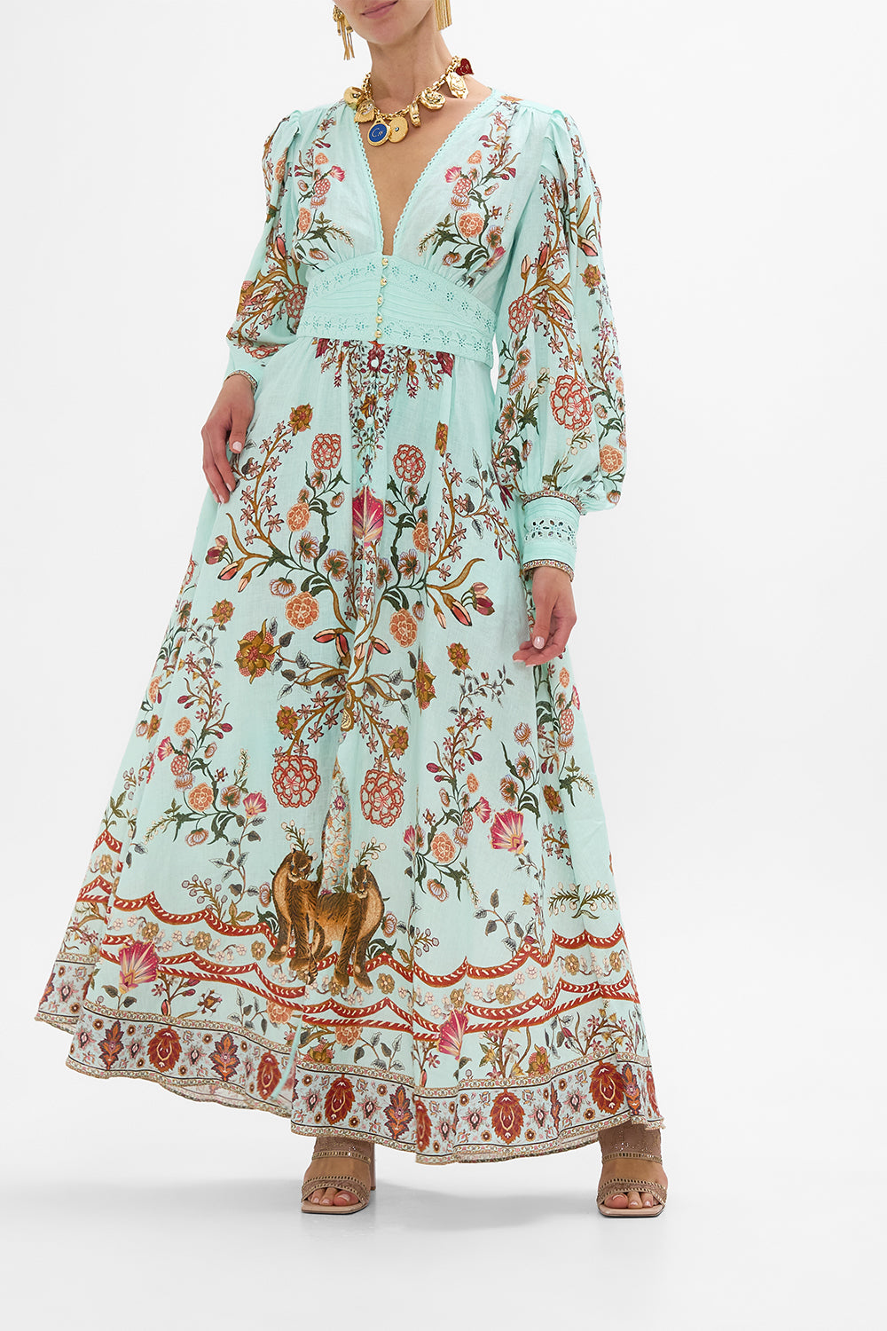 CAMILLA Shaped Waistband Dress with Gathered Sleeves in Weaving Worlds print