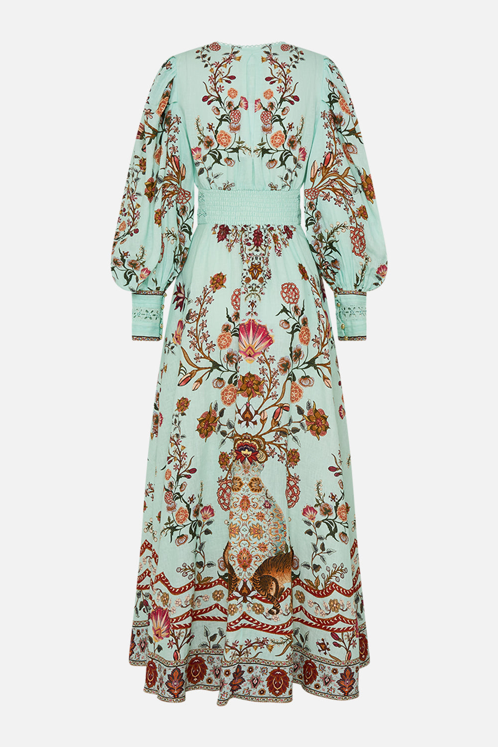 CAMILLA Shaped Waistband Dress with Gathered Sleeves in Weaving Worlds print