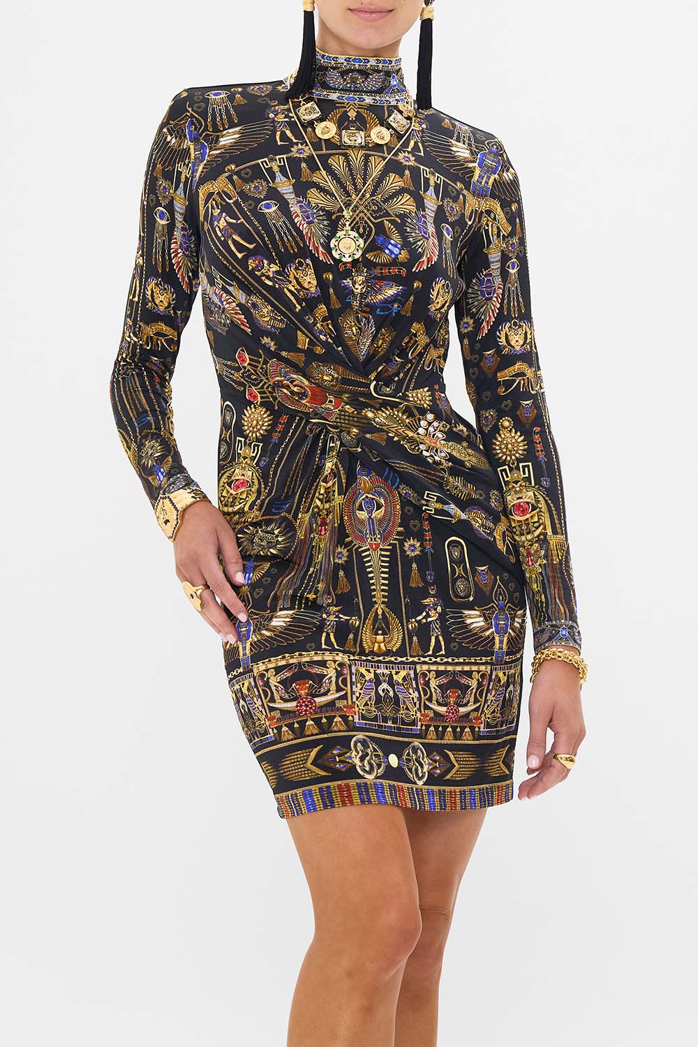 CAMILLA Cross Front Mini Dress in Cartouche Kingdom print.