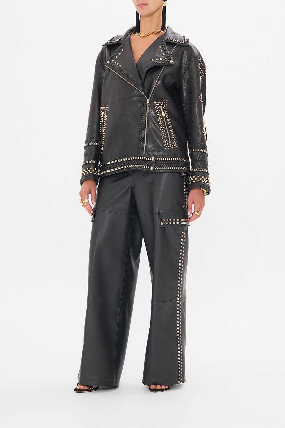 CAMILLA Black/Gold Oversized Leather Biker Jacket in They Called Her Nefertari print