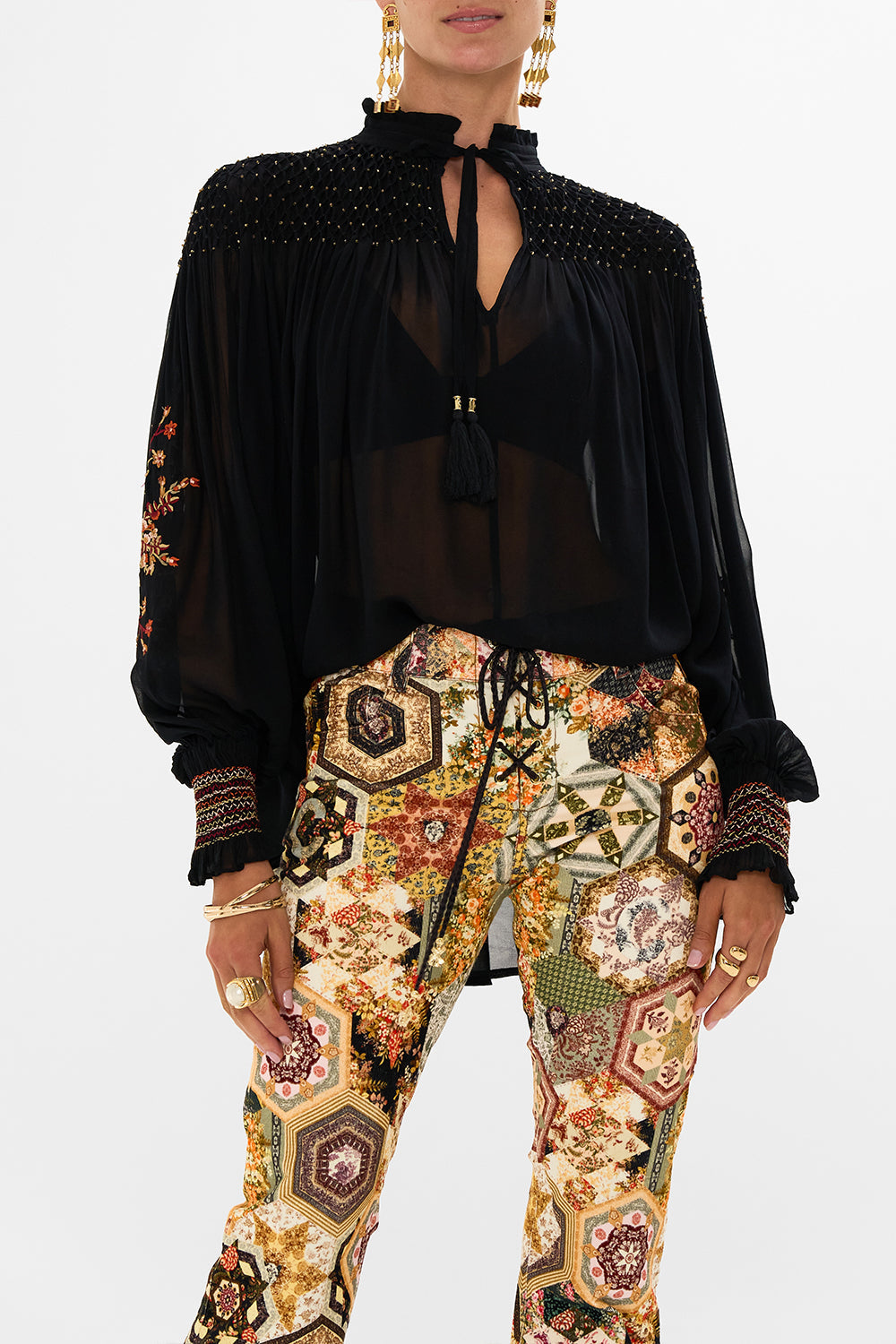 CAMILLA floral Blouson Sleeve Smocked Blouse in Stitched in Time