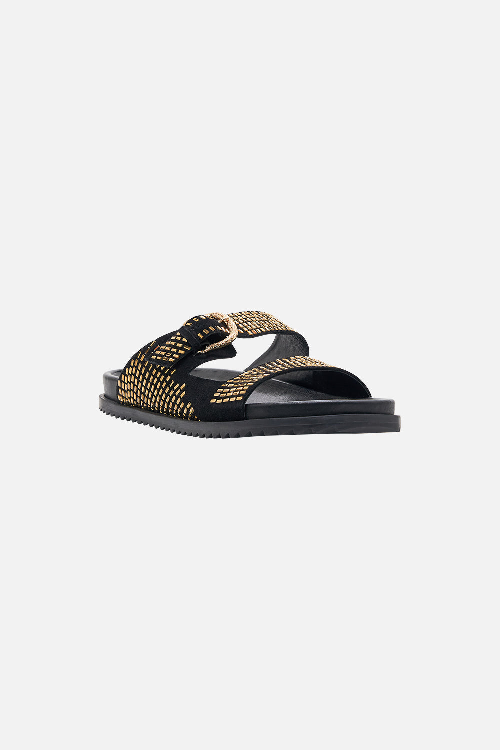 CAMILLA Alisa snake buckle sandal in Solid Black print