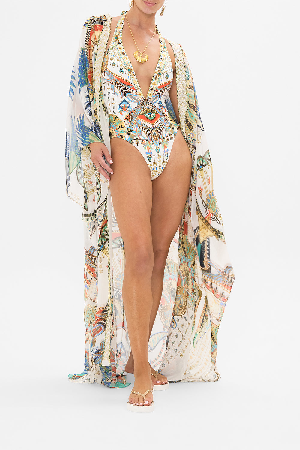 CAMILLA Low Back Halter One Piece With Trim in Valley Of The Queens print.