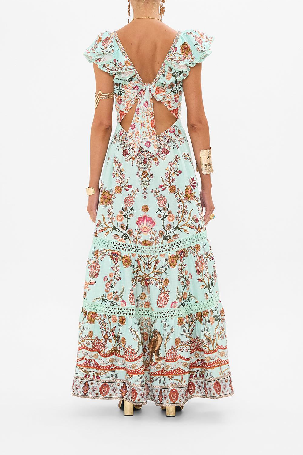 CAMILLA Tiered Dress with Neck Frill in Weaving Worlds print