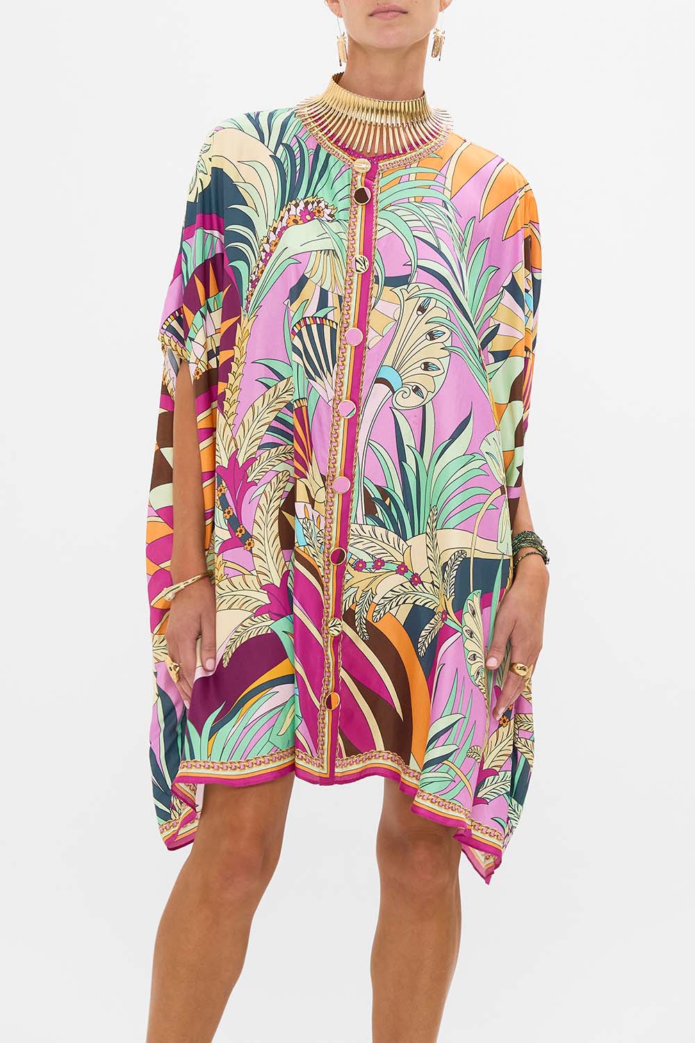 CAMILLA Button Through Batwing Short Kaftan in Giza Goddess Print.