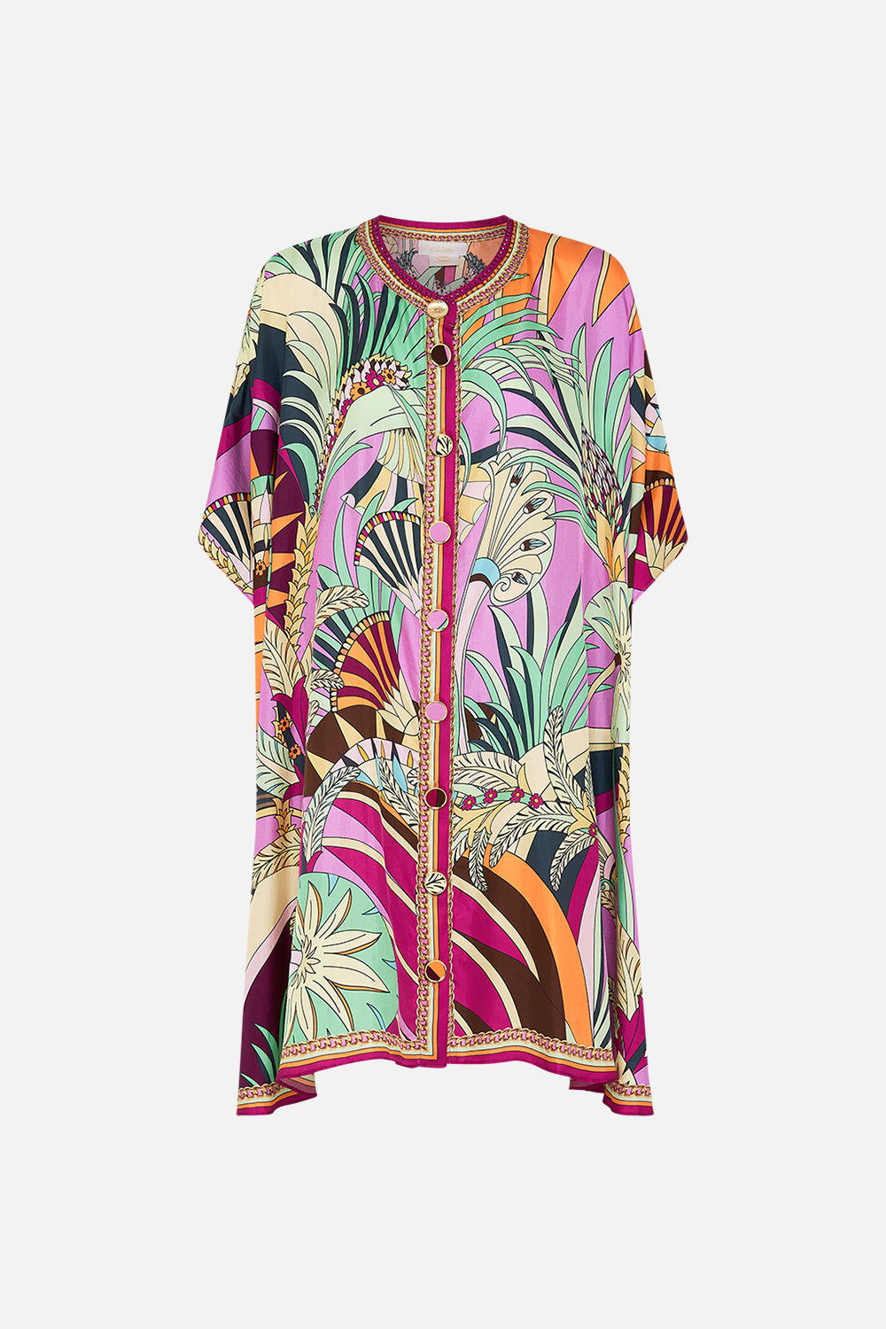 CAMILLA Button Through Batwing Short Kaftan in Giza Goddess Print.
