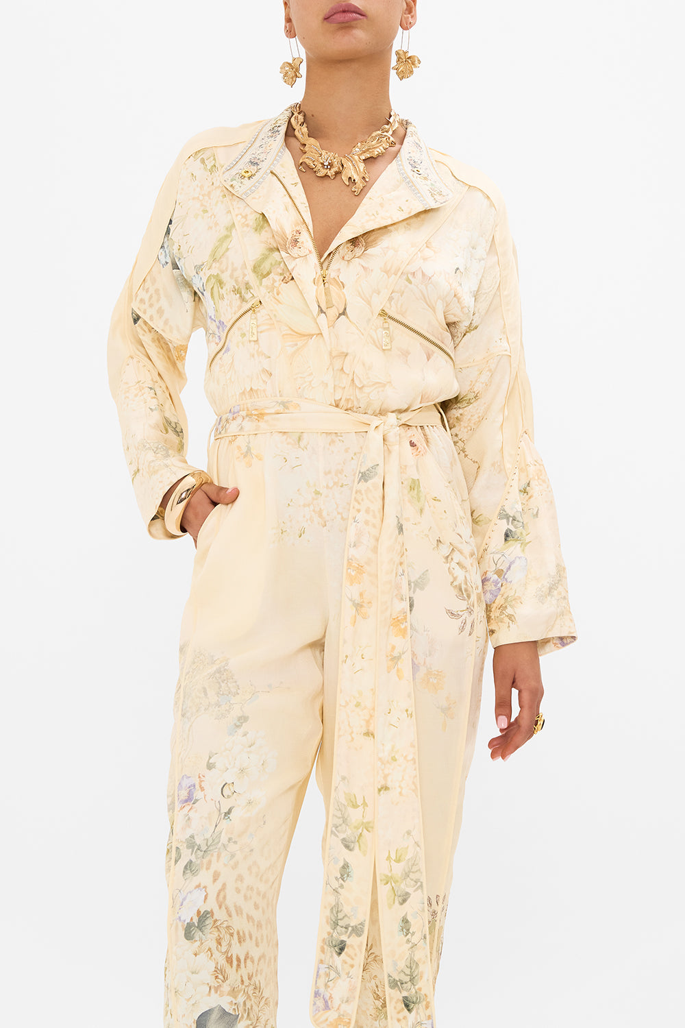CAMILLA floral zip front panel jumpsuit in Adorned in Antiquity print.