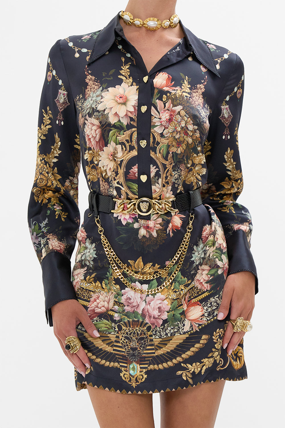 CAMILLA Leopard button belt with chain in Solid Black print