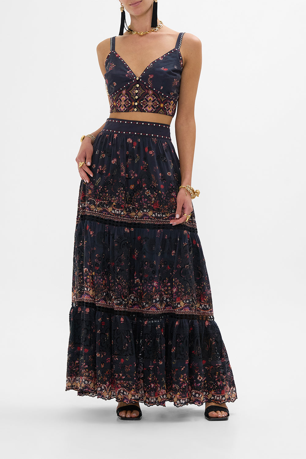 CAMILLA High Waisted Embroidered Tiered Skirt Loom to Tomb print