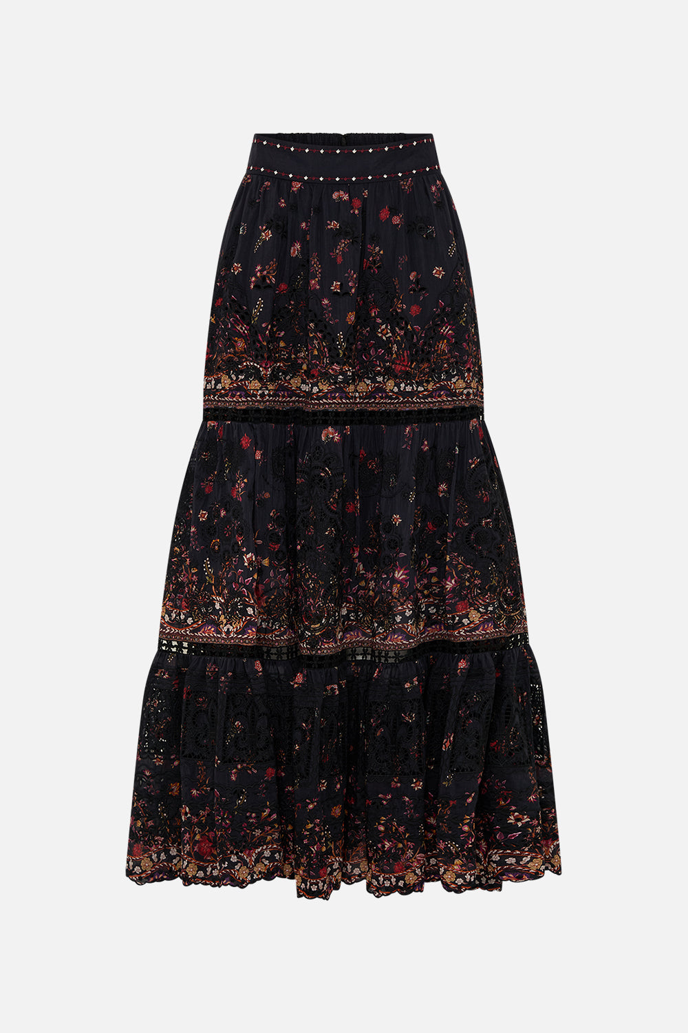 CAMILLA High Waisted Embroidered Tiered Skirt Loom to Tomb print