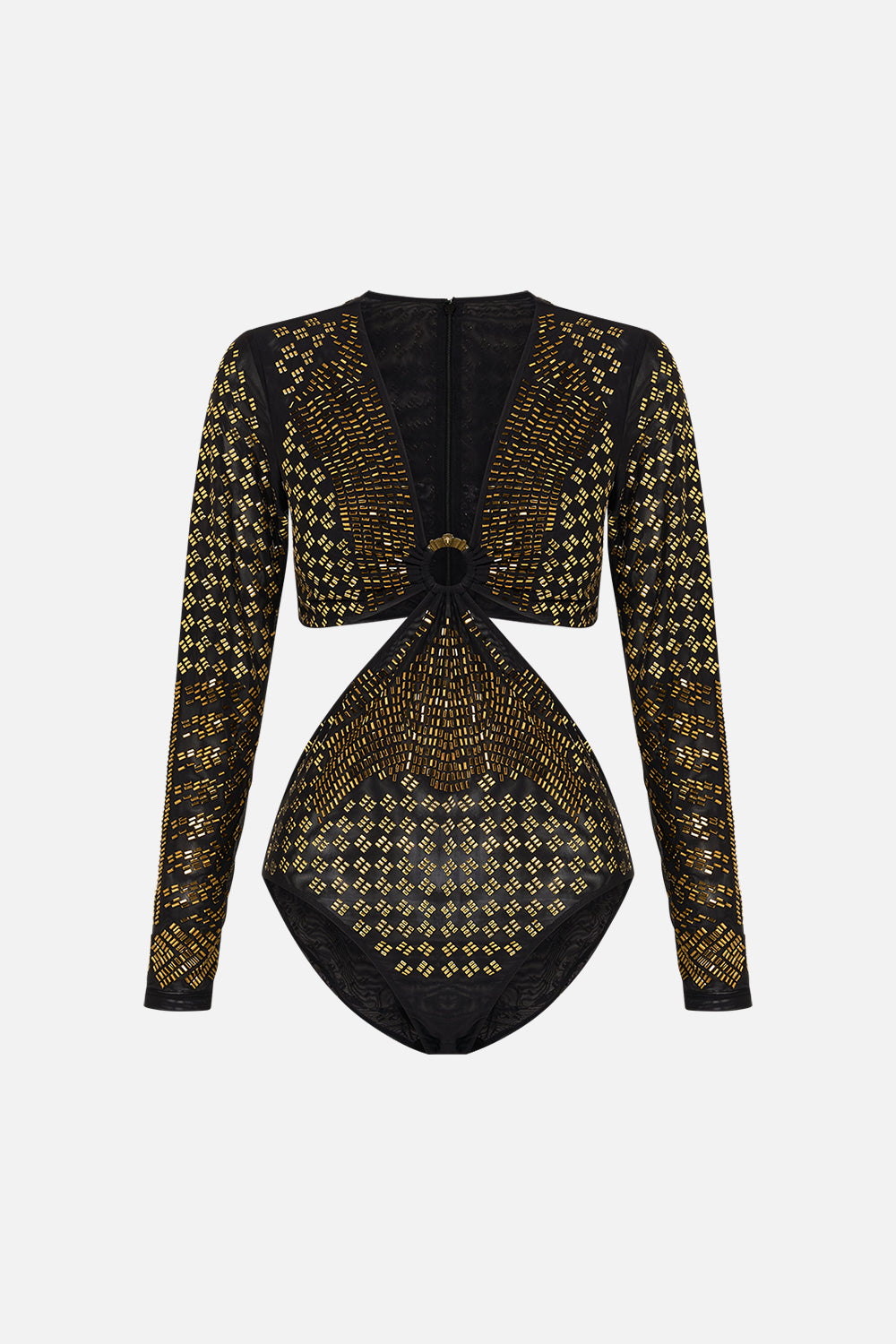 CAMILLA Black/Gold Mesh Cut-Out Bodysuit with Trim in They Called Her Nefertari print