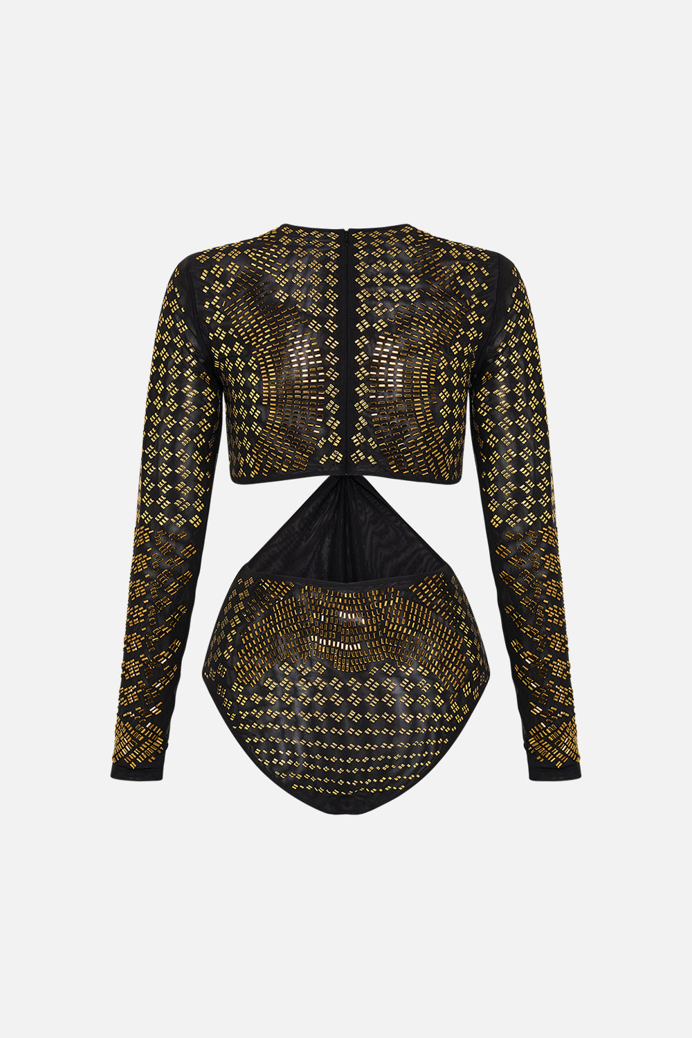 CAMILLA Black/Gold Mesh Cut-Out Bodysuit with Trim in They Called Her Nefertari print