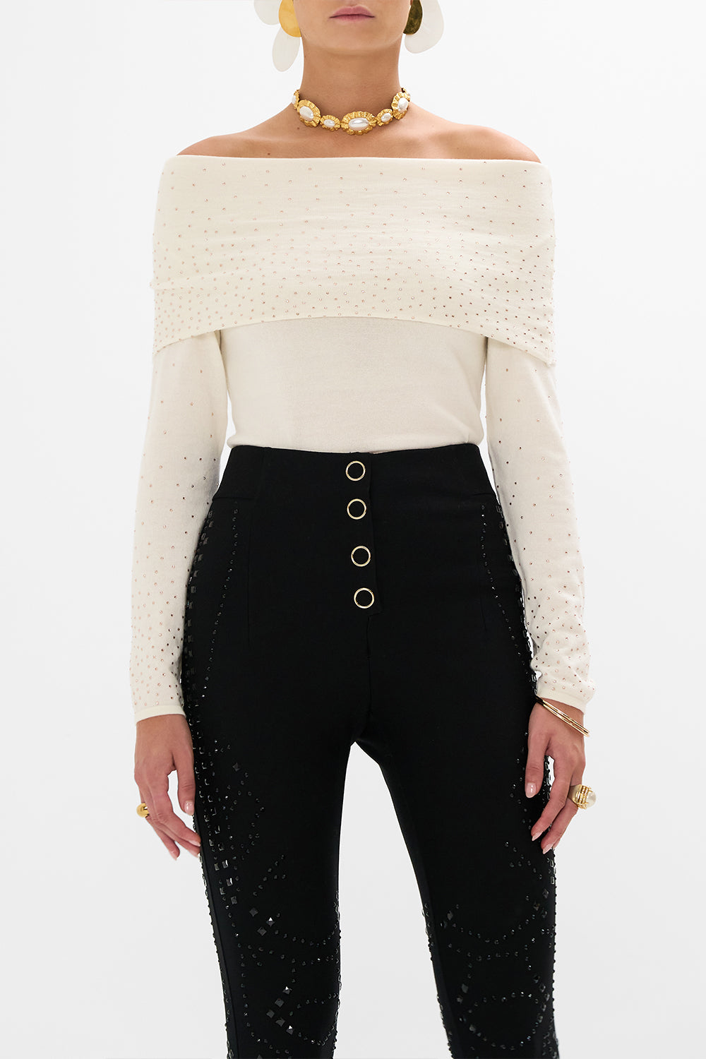 CAMILLA multi Off Shoulder Knit Top in Etched into Eternity print