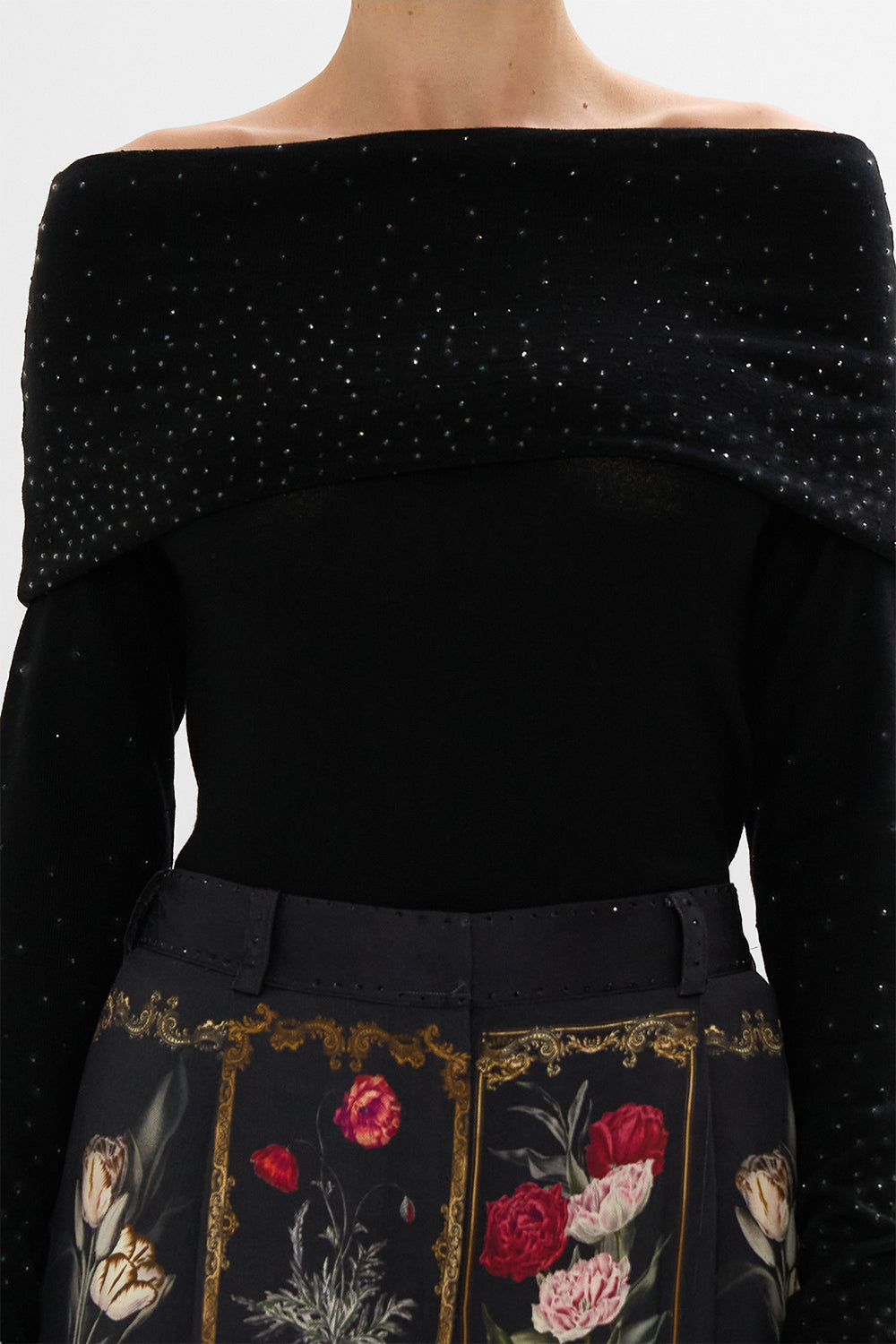 CAMILLA multicolor off-shoulder knit top in Magic In The Manuscripts print.