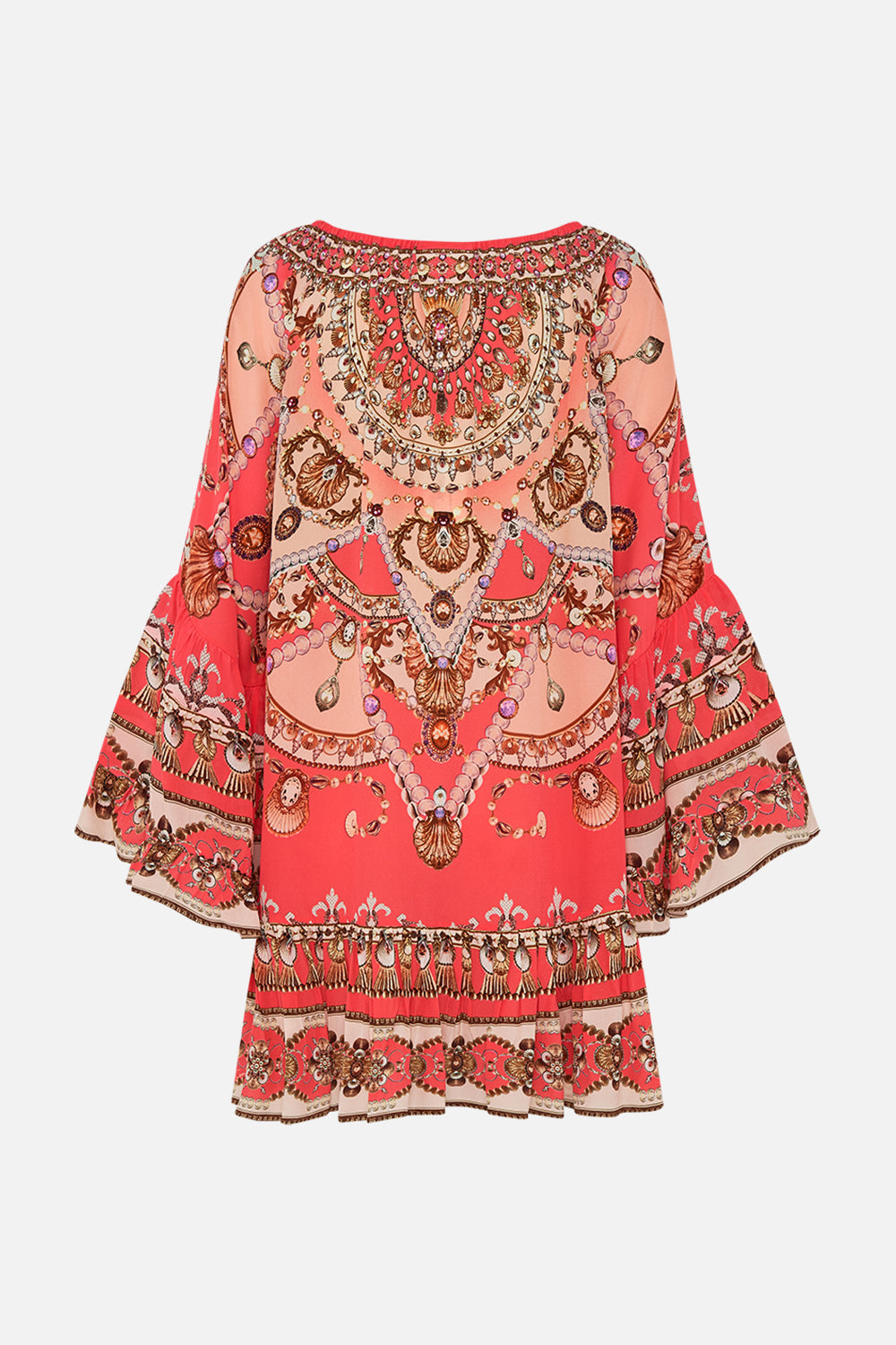 CAMILLA floral blouson blouse with neck tie in Stitched in Time print.