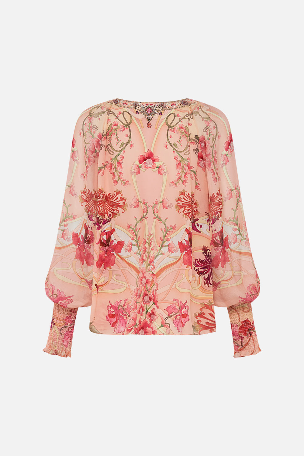 CAMILLA Floral Shirred Cuff Blouse in Blossoms and Brushstrokes print