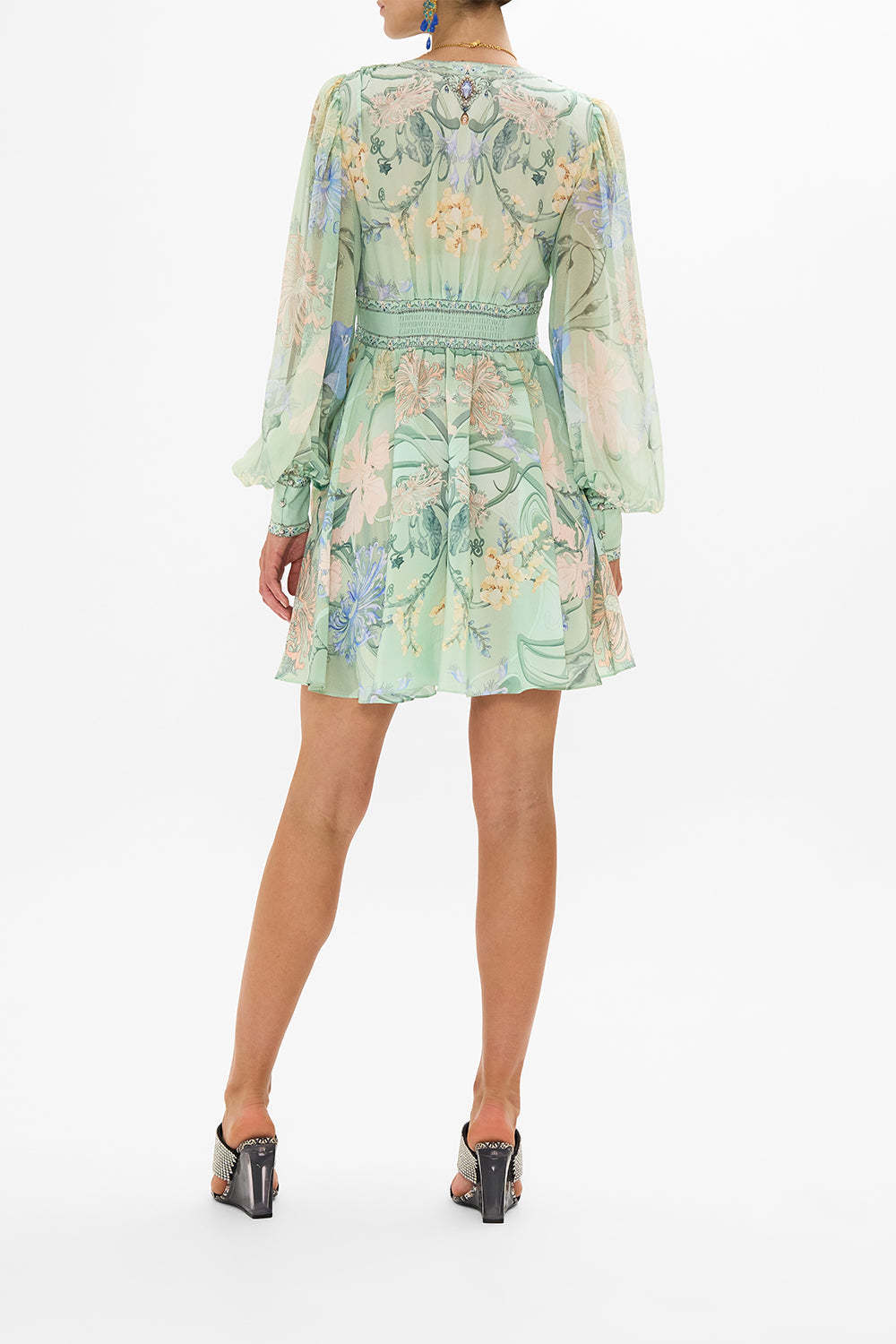 CAMILLA Floral Short Dress with Blouson Sleeve in Dreaming in Dutch