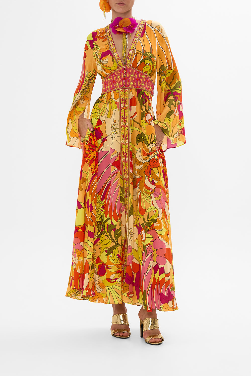 CAMILLA Floral Kimono Sleeve Dress with Shirring Detail in The Flower Child Society