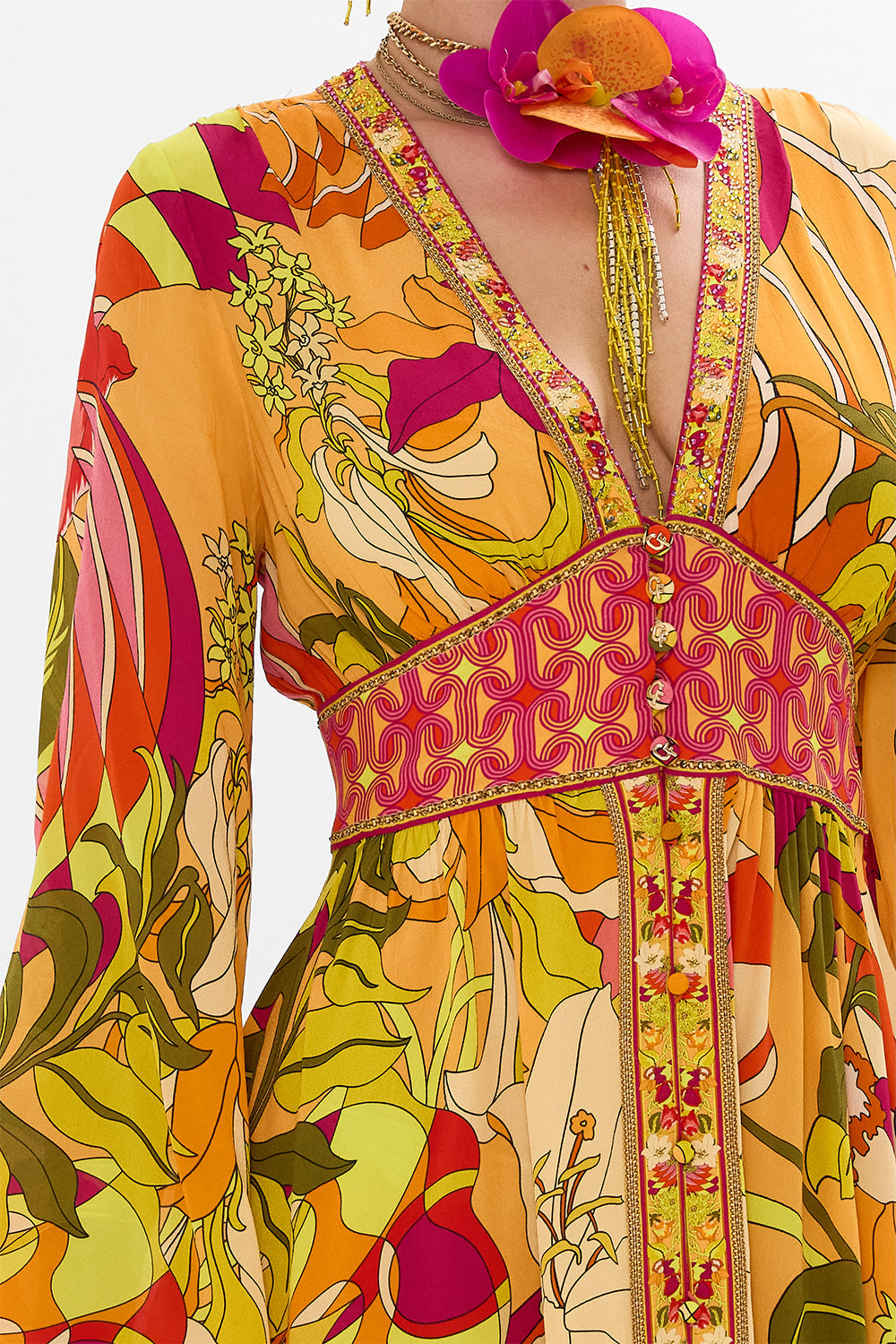 CAMILLA Floral Kimono Sleeve Dress with Shirring Detail in The Flower Child Society