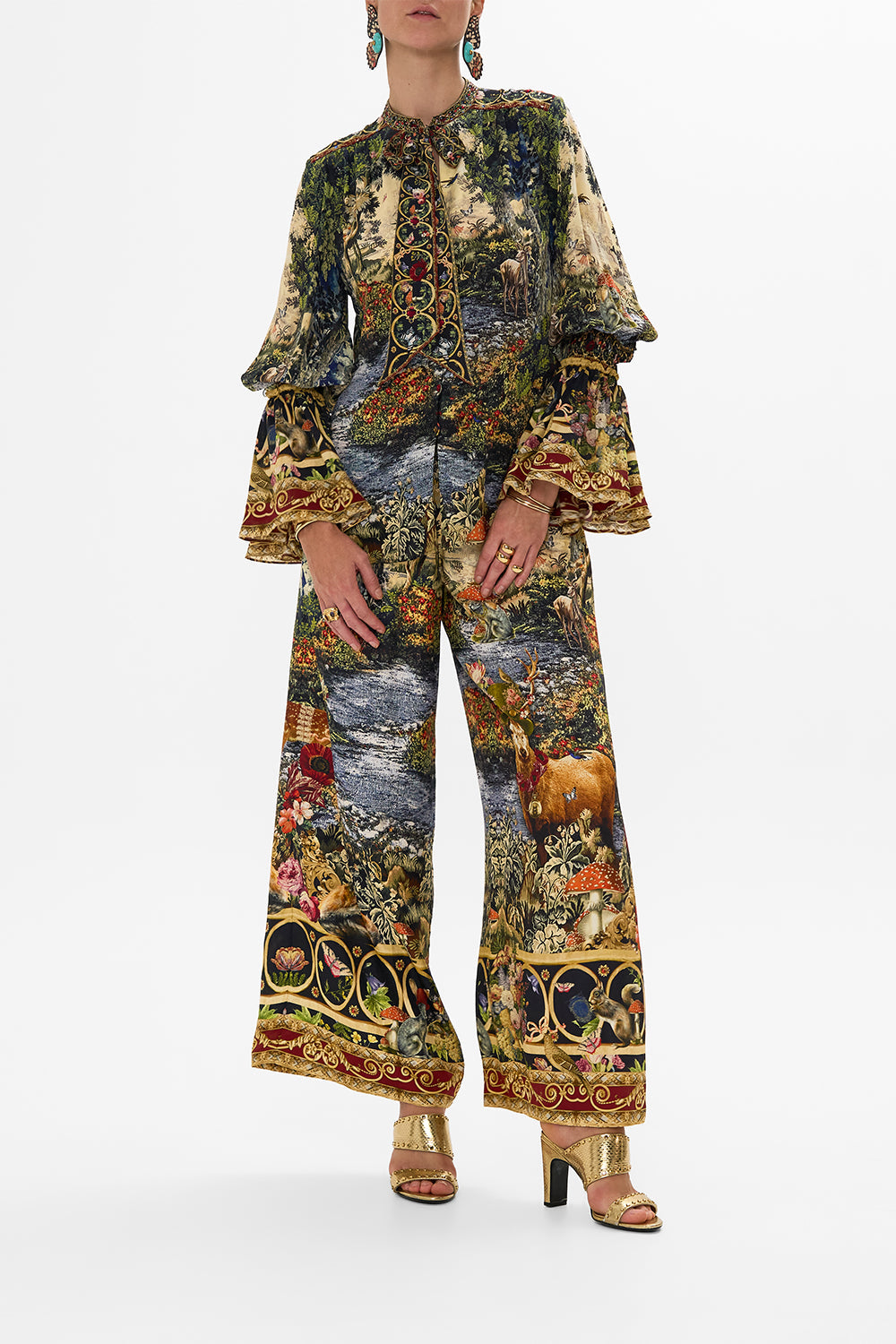 CAMILLA Black Elastic Sleeve Tie Front Blouse in Tapestry Totems print