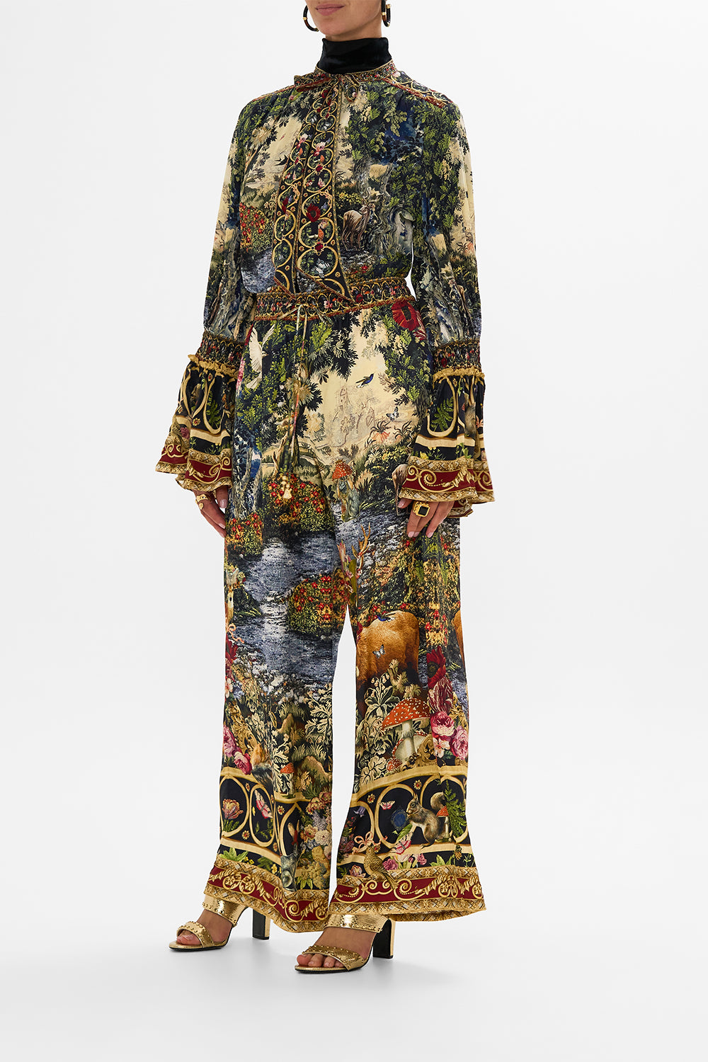 ELASTIC SLEEVE TIE FRONT BLOUSE TAPESTRY TOTEMS