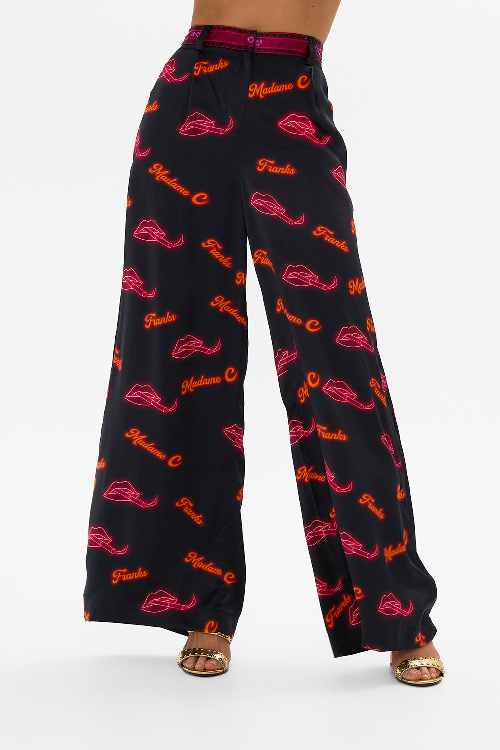 CAMILLA black wide leg waisted pant in Electric Loveland print