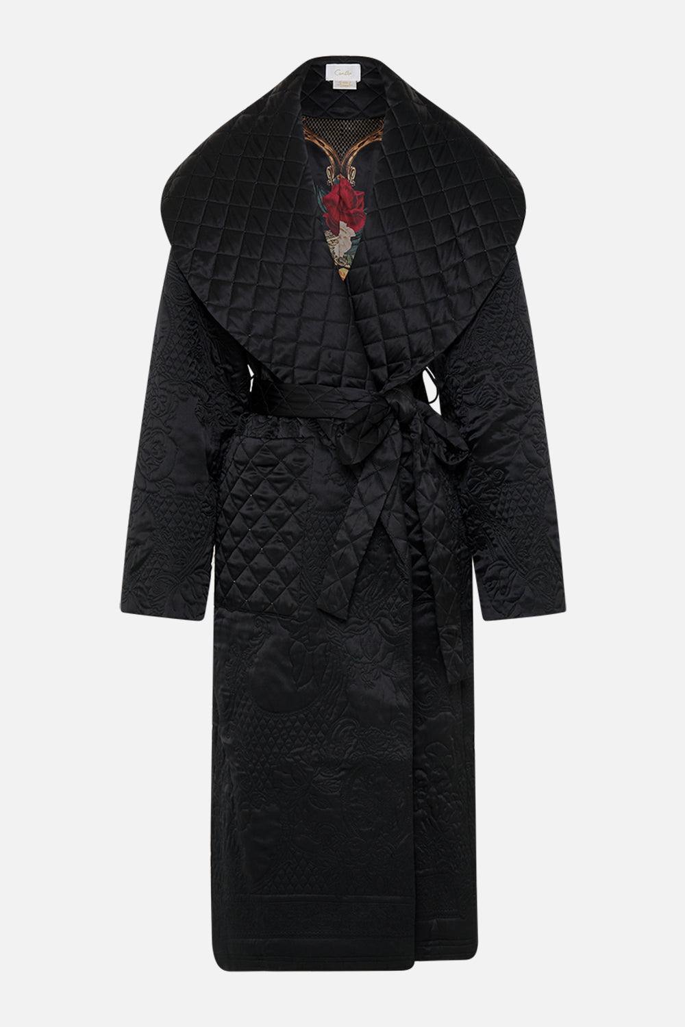 CAMILLA Black Puffer Long Wrap Coat in Magic in the Manuscripts print