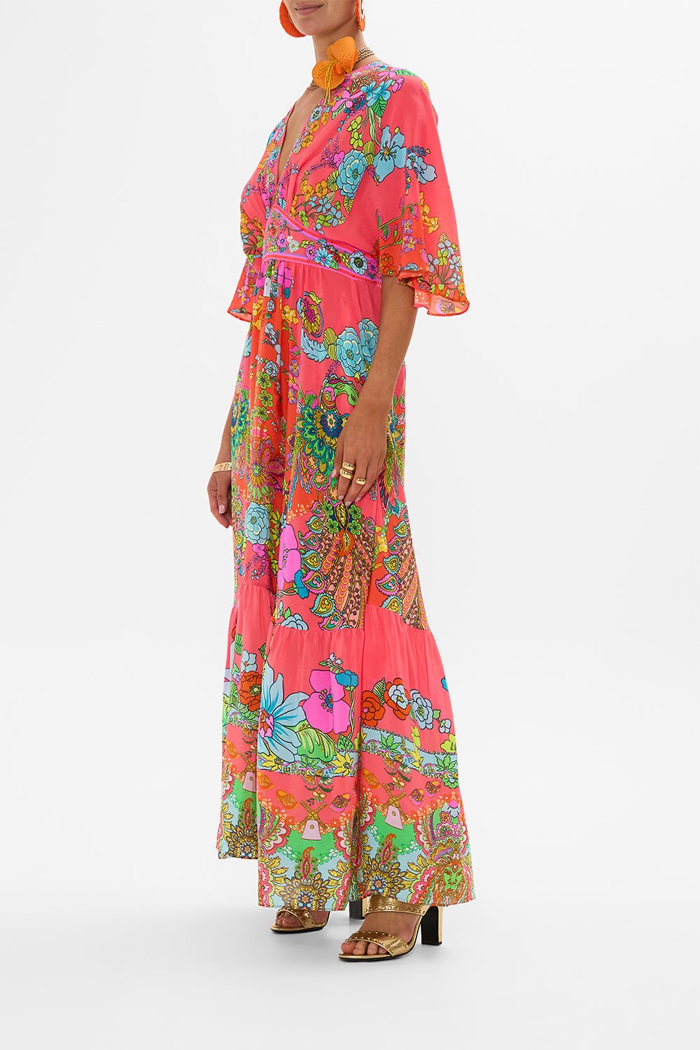 CAMILLA Pink Waisted Dress with Hem Ruffle in Windmills and Wildflowers