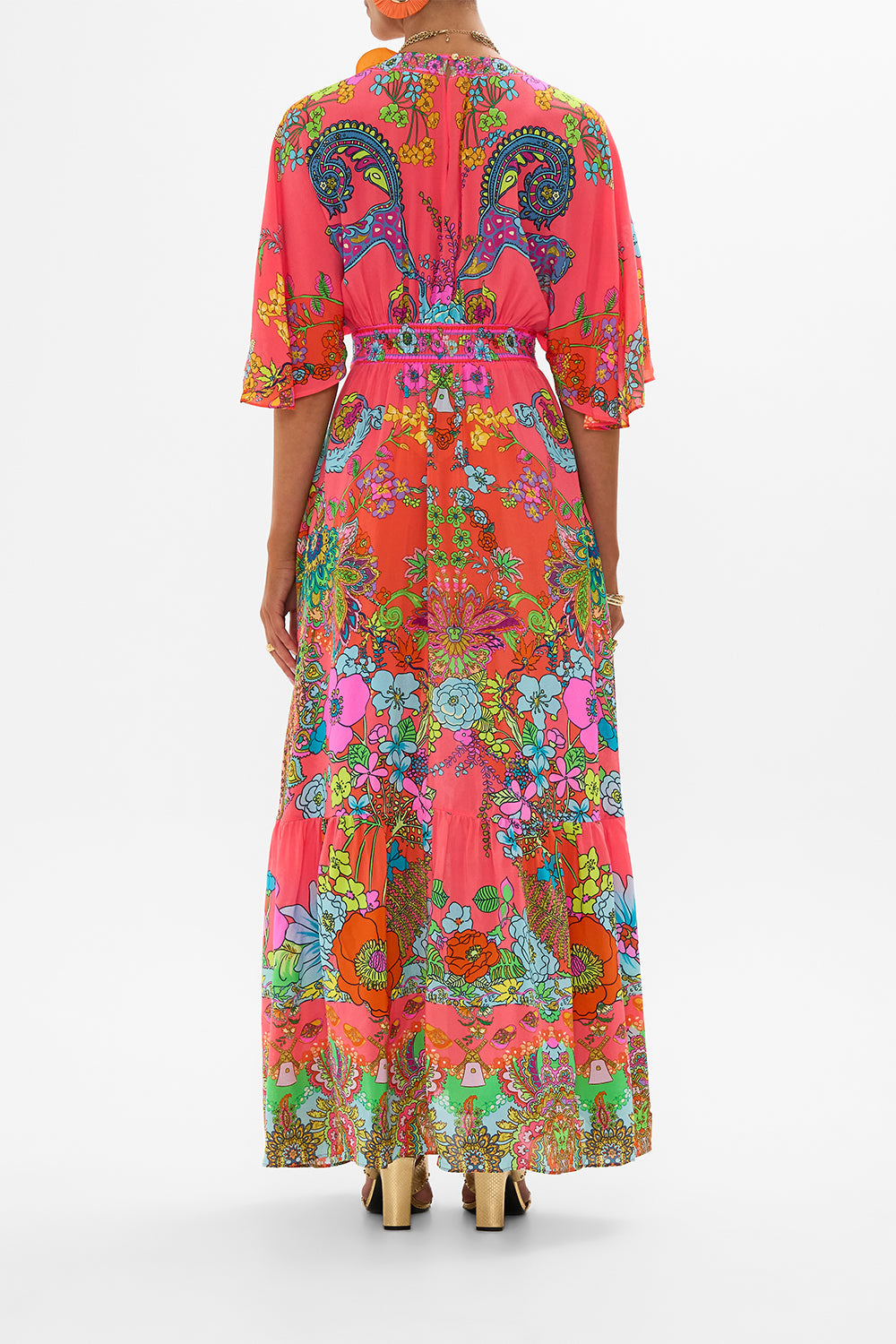 CAMILLA Pink Waisted Dress with Hem Ruffle in Windmills and Wildflowers