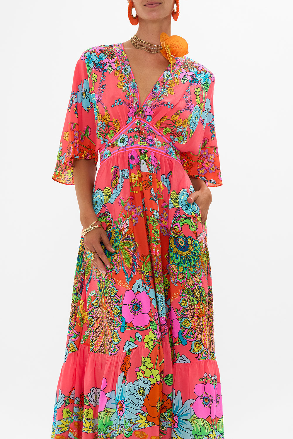 CAMILLA Pink Waisted Dress with Hem Ruffle in Windmills and Wildflowers