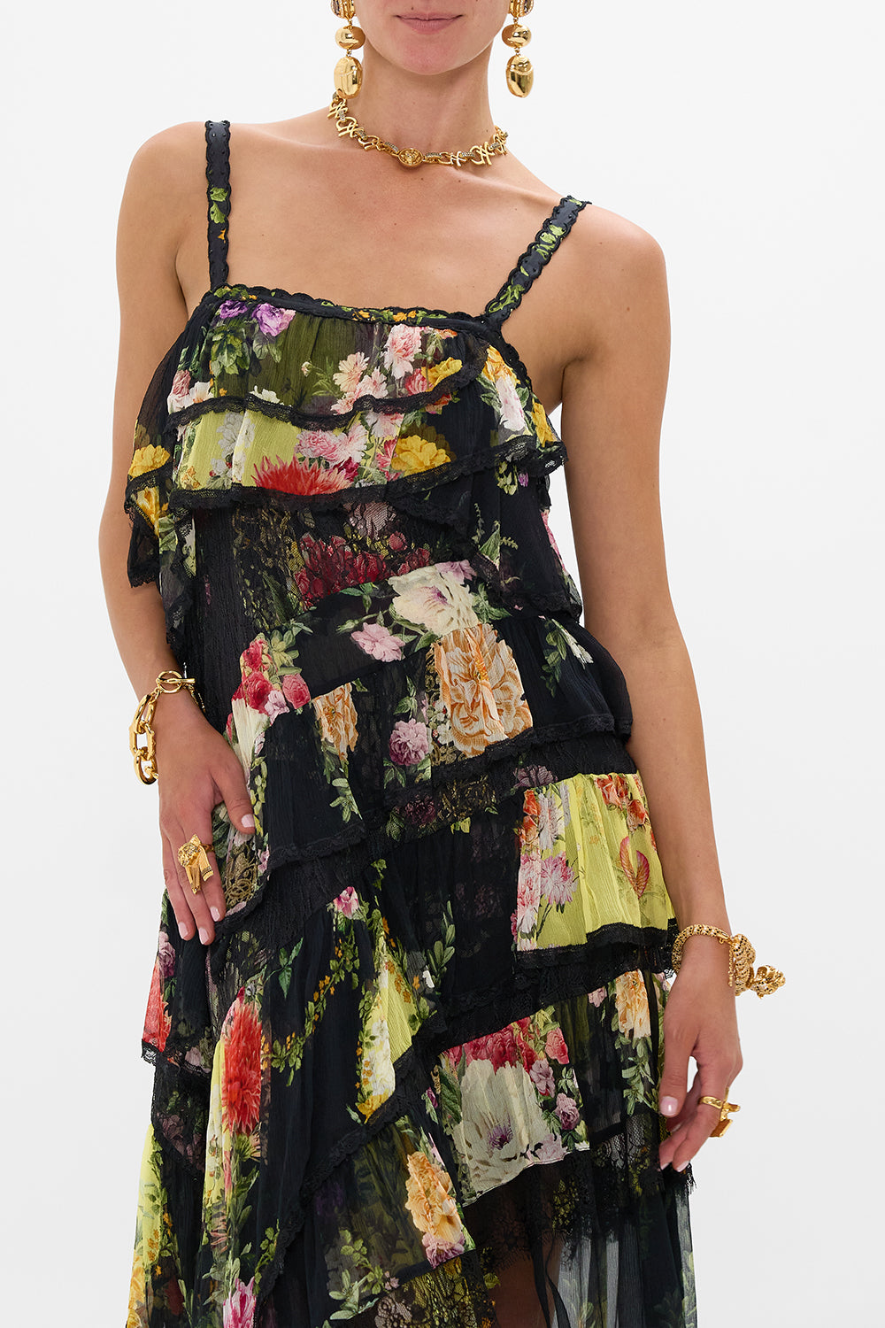 ASYMMETRIC SPLICED LACE DRESS ADORNED IN ALEXANDRIA