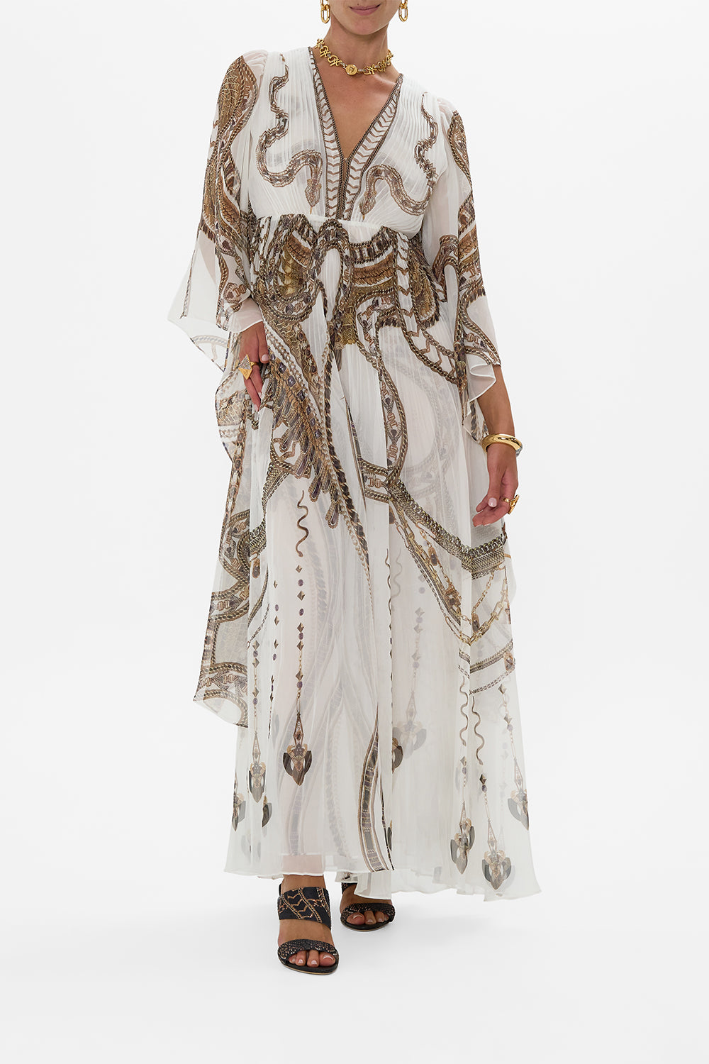 CAMILLA Plisse Plunge Neck Dress in Goddess Energy print