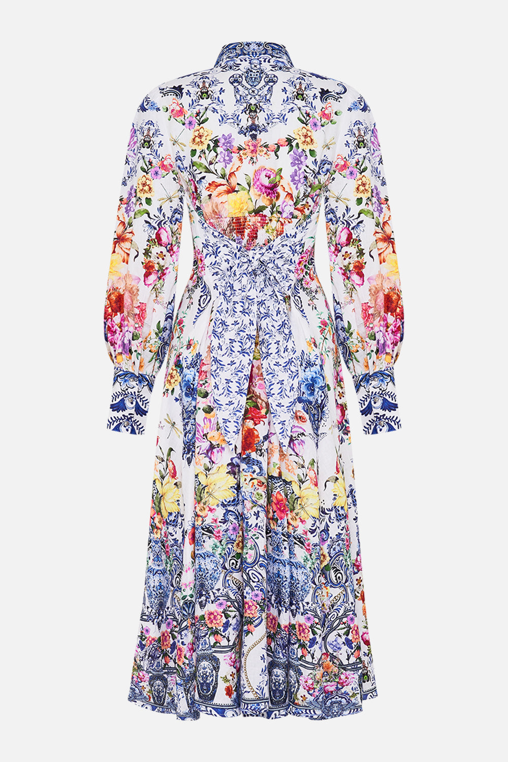 Back view of CAMILLA silk shirt dress in Dutch Is Life print