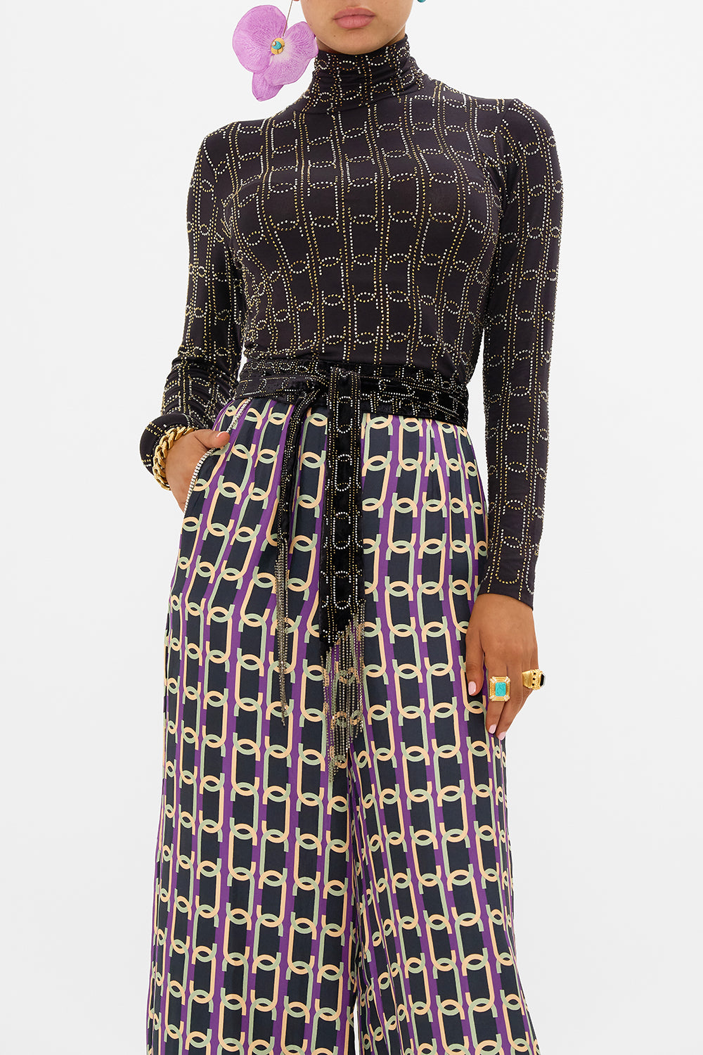 CAMILLA jersey turtleneck in Film Diva print