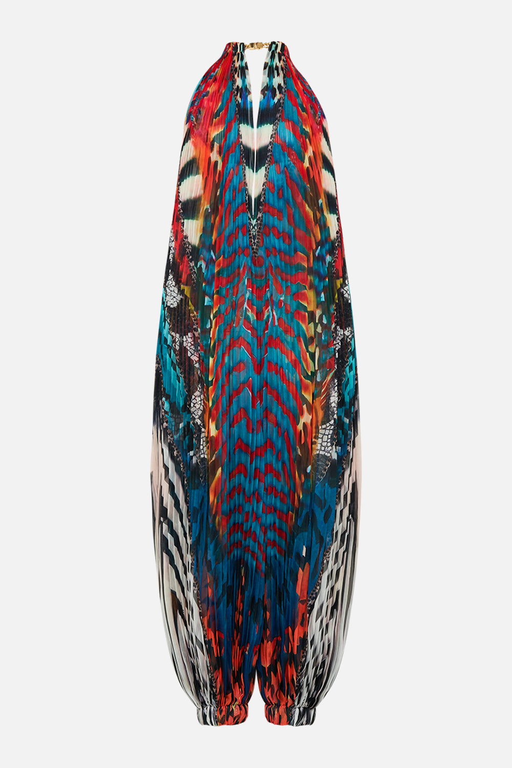 CAMILLA plisse jupsuit with neckpiece in Desert Visions print.