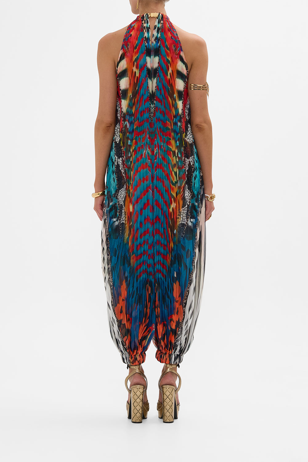 CAMILLA plisse jupsuit with neckpiece in Desert Visions print.