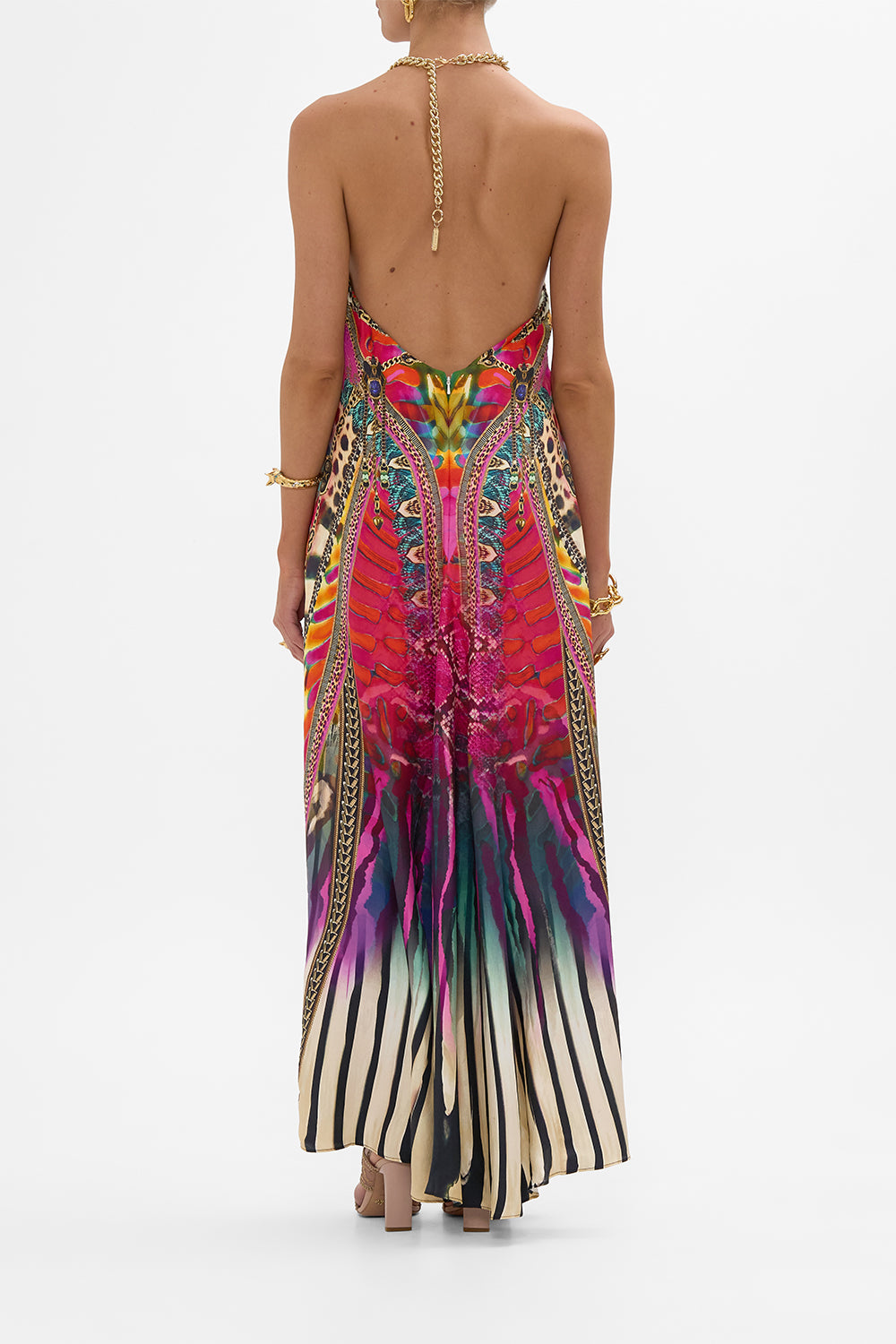 CAMILLA Low Back Long Dress with Neck Hardware in Sahara Supernatural print.