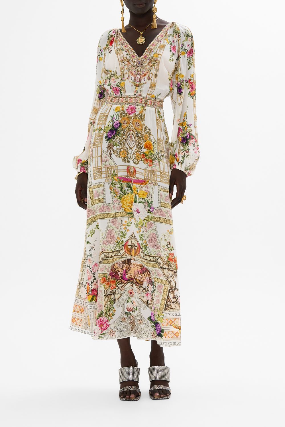 CAMILLA Raglan shirred waist dress in Egyptian rose print.