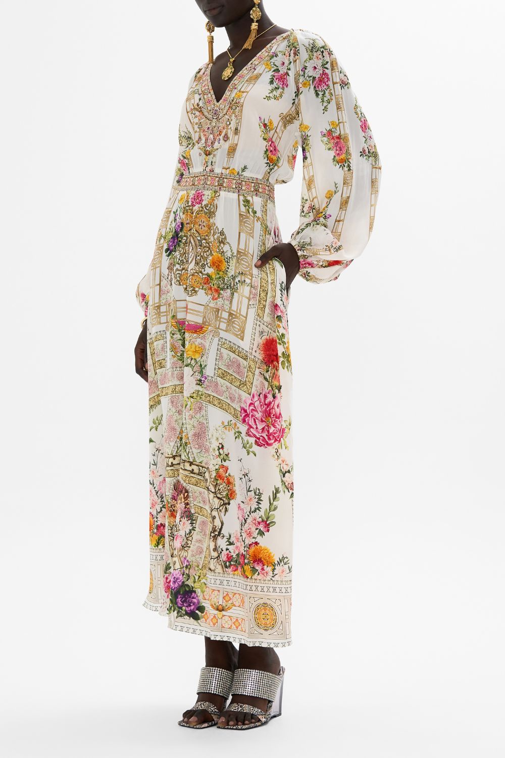 CAMILLA Raglan shirred waist dress in Egyptian rose print.