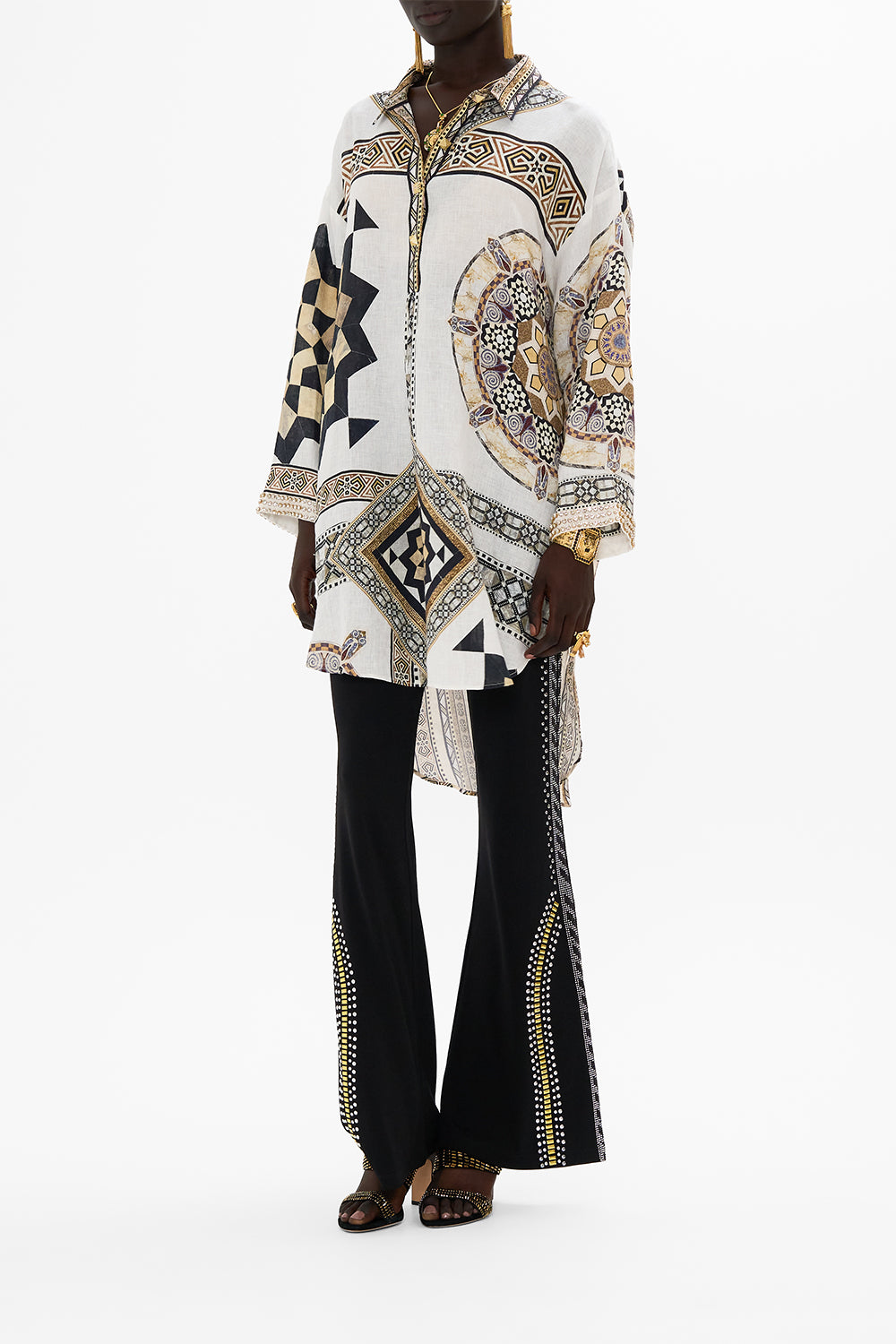 CAMILLA Relaxed High Low Shirt Dress in Tile Style Print.