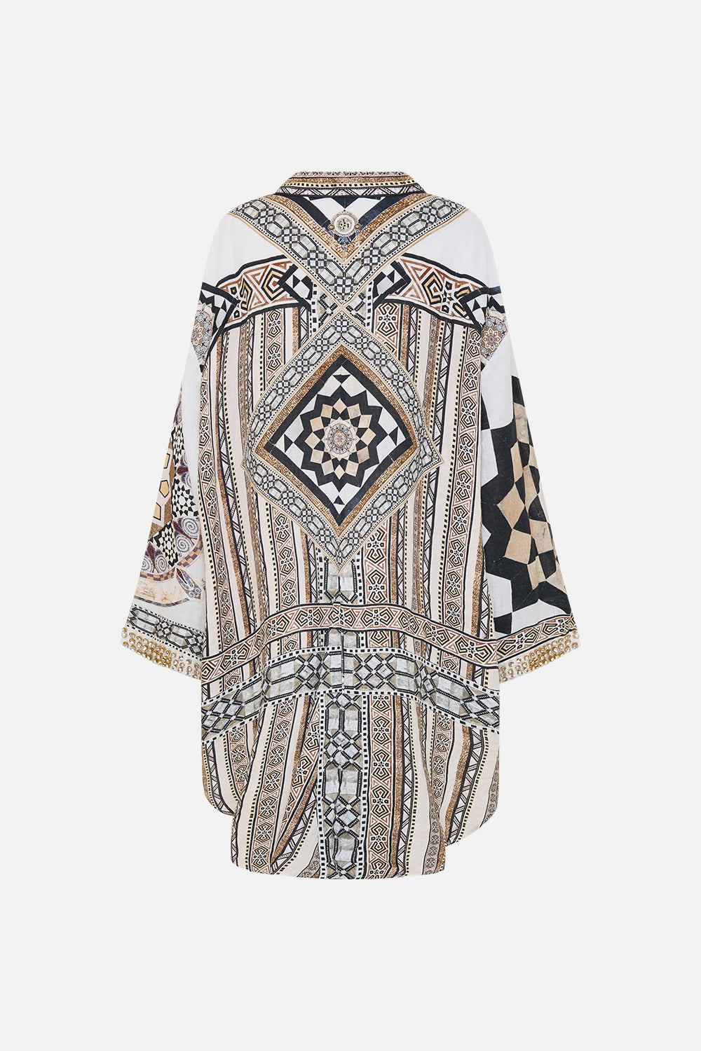 CAMILLA Relaxed High Low Shirt Dress in Tile Style Print.