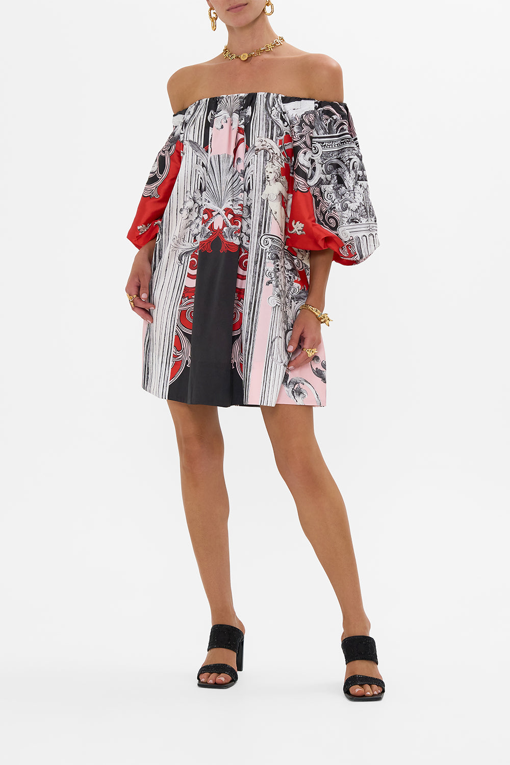 CAMILLA Off Shoulder Puff Dress in Mark Of Medusa print