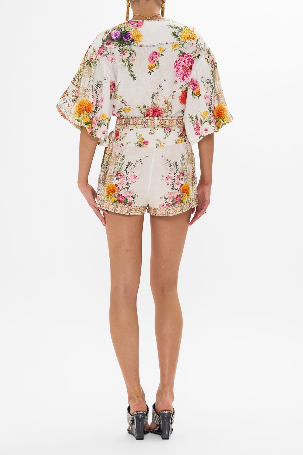 CAMILLA Tie front puff sleeve top in Egyptian rose print.