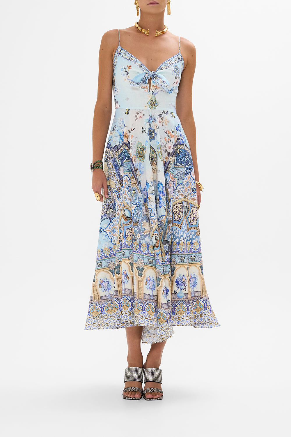 CAMILLA Long Dress With Tie Front in Al Manial Palace Memoirs print