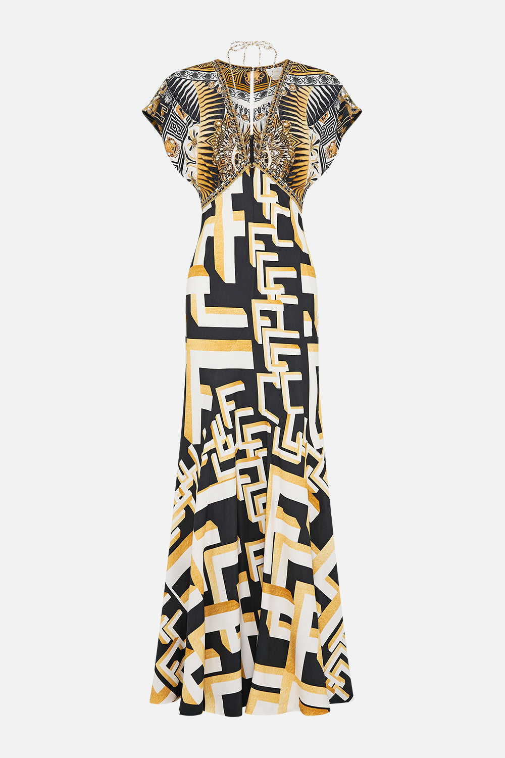 V NECK HARDWARE DRESS WITH NECK TIE TEMPLES OF DENDARA